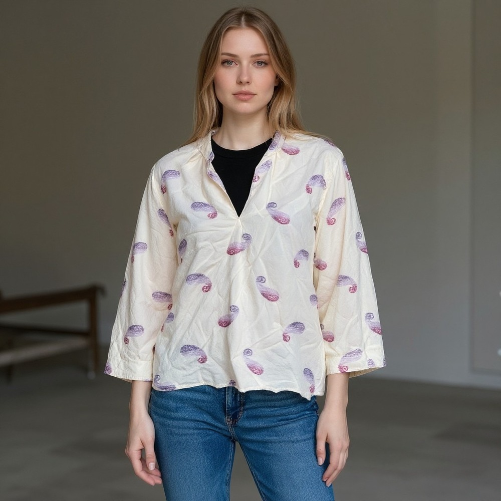 J. Jill Women Cream Embroidered Paisley Split Neck Blouse Top